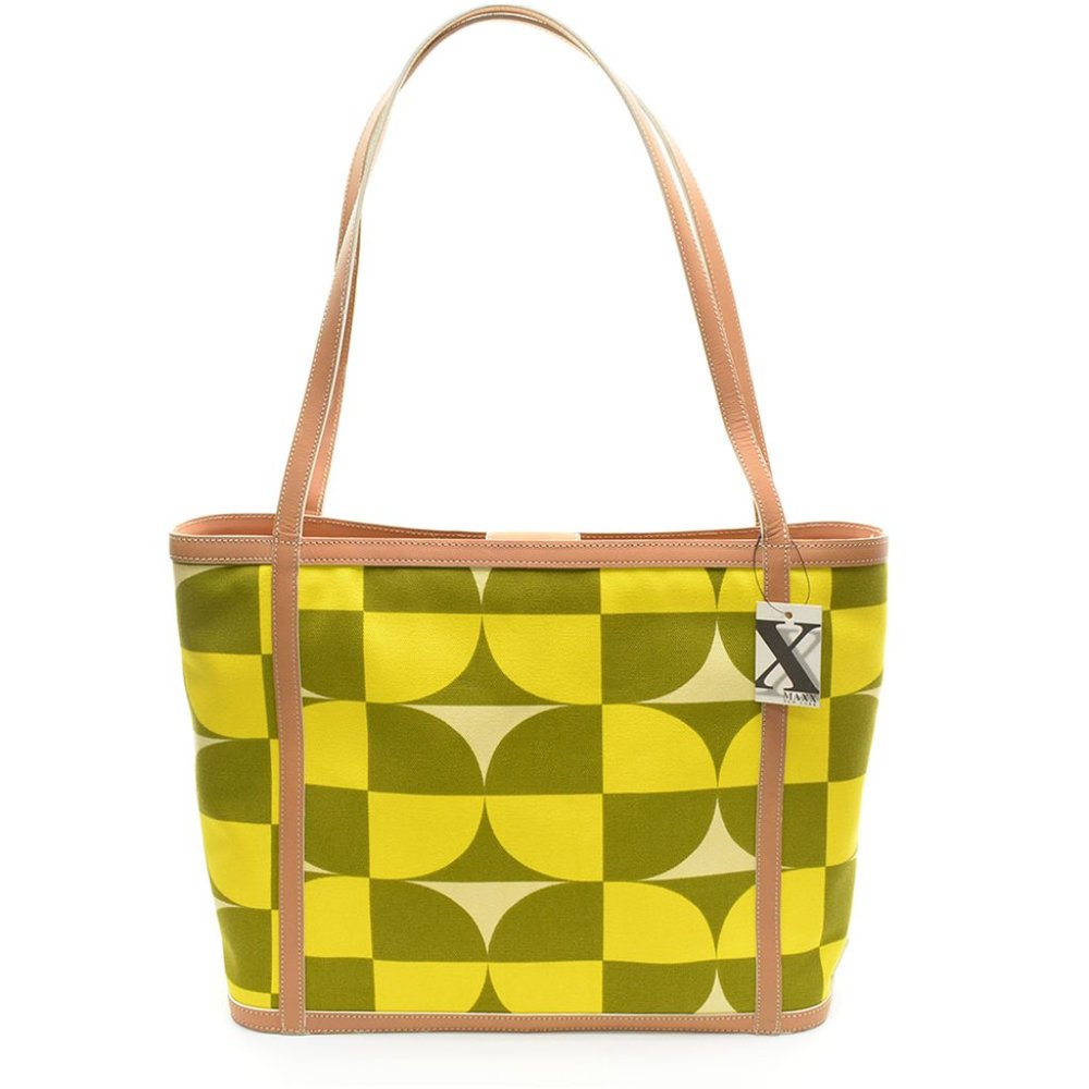 Maxx New York Large Geometry Pattern Canvas Leather Trim Tote Bag